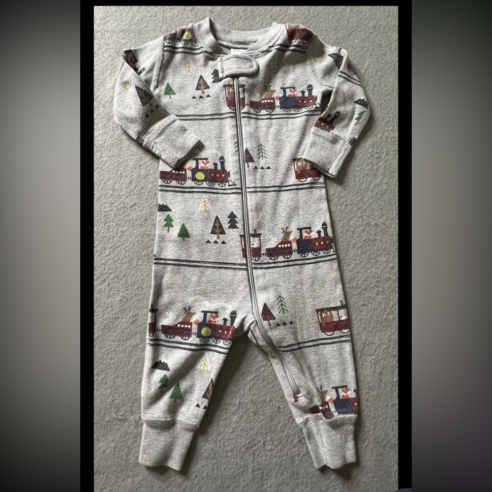Hanna Andersson Full Zip 1 Piece Baby Boys 3-6 Months Gray Animals Train Cute
